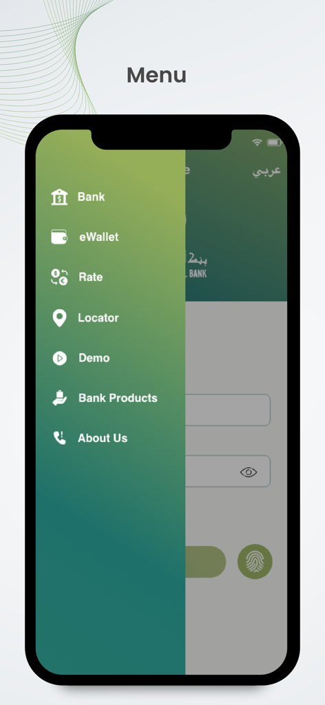 O-Cash - Menú lateral de la aplicación de banca móvil O-Cash que muestra opciones para servicios bancarios, eWallet y tipos de cambio.
