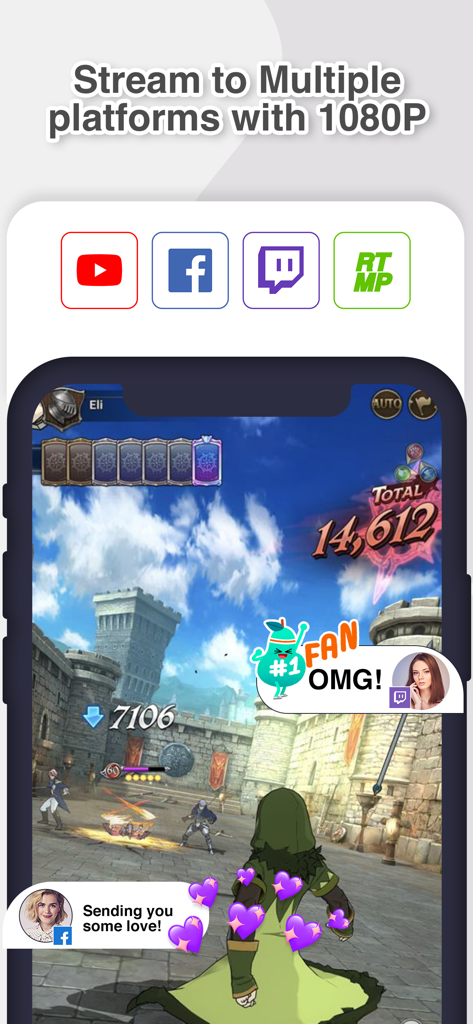 화면 녹화기 RecPro 인터페이스가 YouTube, Facebook 및 Twitch로 1080p 해상도의 모바일 게임 라이브 스트림을 보여줍니다