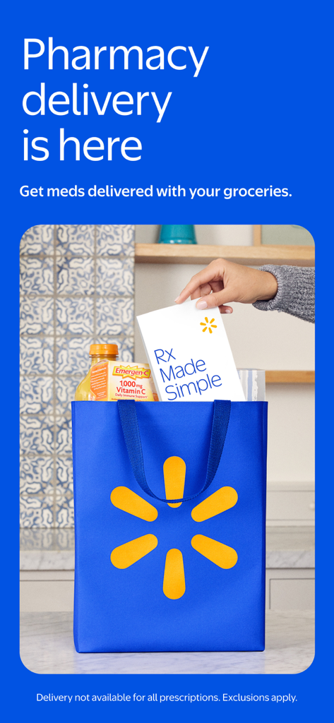 A Walmart shopping bag filled with groceries and a prescription envelope highlighting the pharmacy delivery service