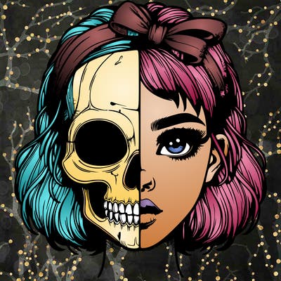 realistic girl with half skull mask