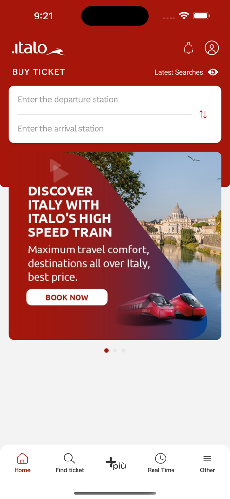Italo: Italian Highspeed Train - Home screen of the Italo app featuring the ticket booking search and a promotional banner for high speed train travel in Italy