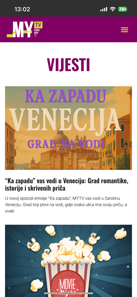 MY MEDIA - Interfaz de la aplicación MY MEDIA mostrando la sección de noticias con un artículo sobre Venecia y un banner de noche de cine
