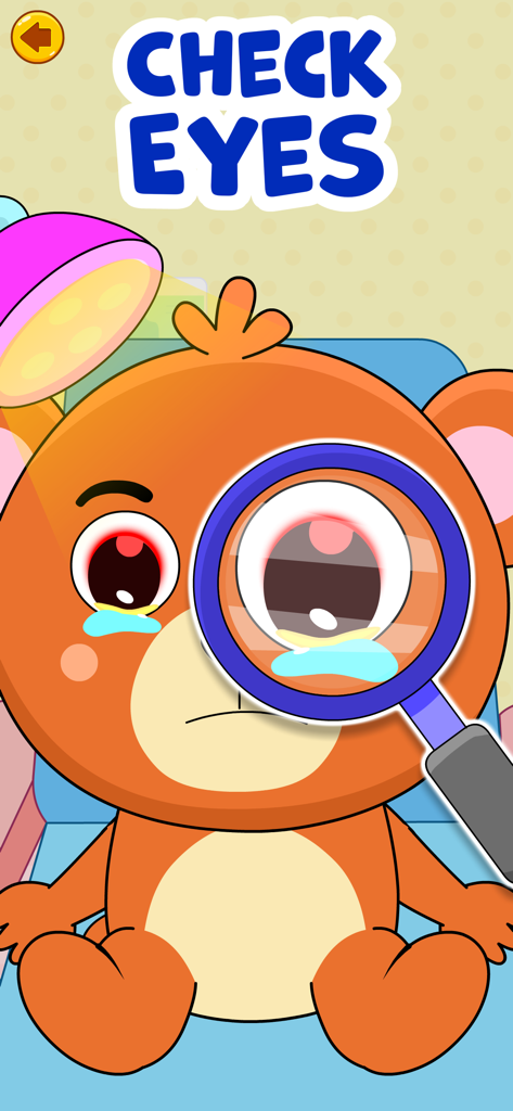 Doctor Games for Kids: Dentist - Un oso de dibujos animados recibiendo un examen de la vista con una lupa en un juego de doctor para niños pequeños