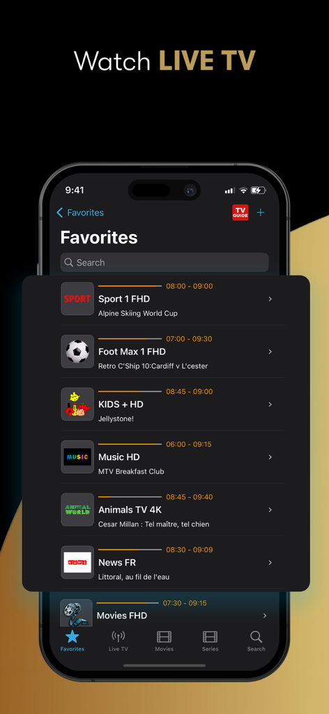 IPTV Streamer Max - IPTV Streamer Max app interface showing a list of favorite live TV channels on an iPhone