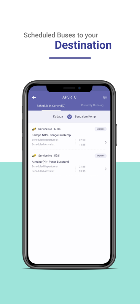 APSRTC LIVE TRACK - APSRTC app showing scheduled bus services from Kadapa to Bengaluru with departure times
