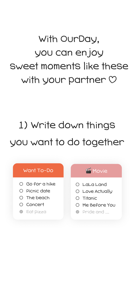 OurDay - Our Minimi in Widget - Shared bucket list and movie watch list interface in the OurDay app for couples