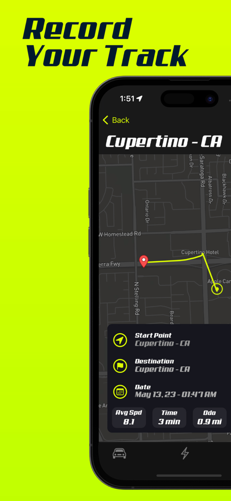 Bolt Speed: speedometer - Bolt Speed App-Oberfläche mit aufgezeichneter Fahrspur auf einer Karte mit Fahrtdauer und Durchschnittsgeschwindigkeit.