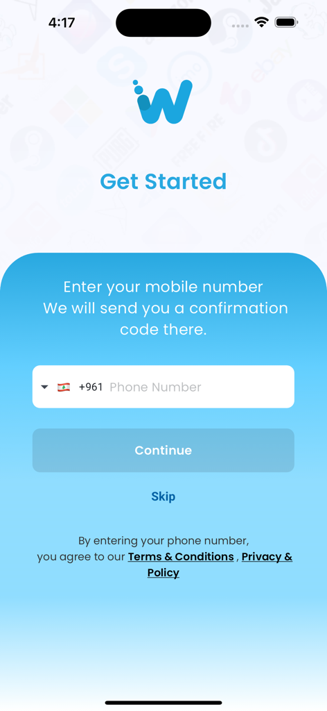 WAKEL Topup - Registration screen of WAKEL Topup app where users enter their mobile number to get started