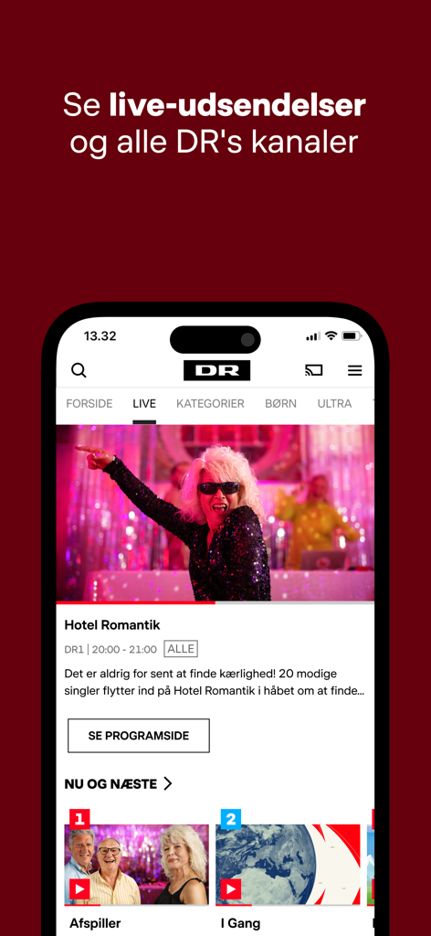 DRTV - Danish DRTV app interface showing live TV broadcasts and channel categories.