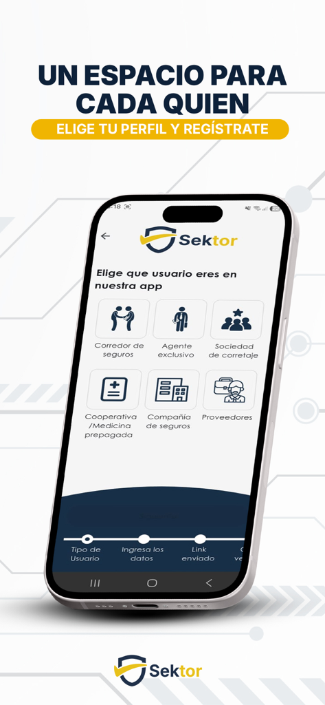 Sektor app screen showing user profile selection options for insurance professionals during registration