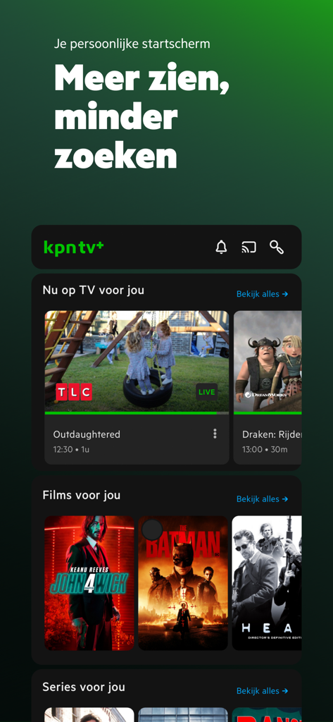 KPN TV+ App - KPN TV plus app home screen displaying personalized movie and live TV recommendations.