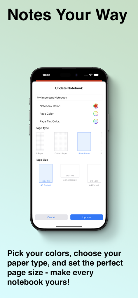 InkSpace-Oberfläche zum Anpassen von Notizbuchfarben und Papiertypen