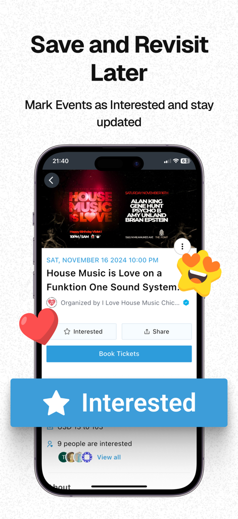Smartphone screen showing the AllEvents app feature to save and revisit events by marking them as interested