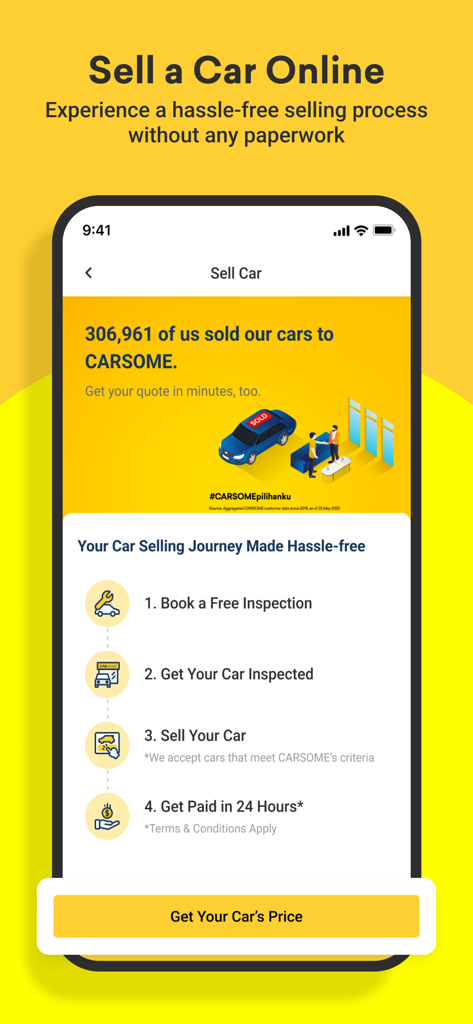 CARSOME: Buy,Sell,Service Cars - Ecrã da aplicação CARSOME mostrando o processo descomplicado de venda de carros online