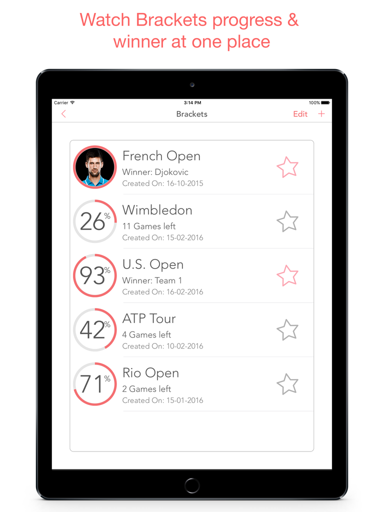 iPad screen displaying a list of sports tournament brackets like the French Open and Wimbledon with progress tracking and winners