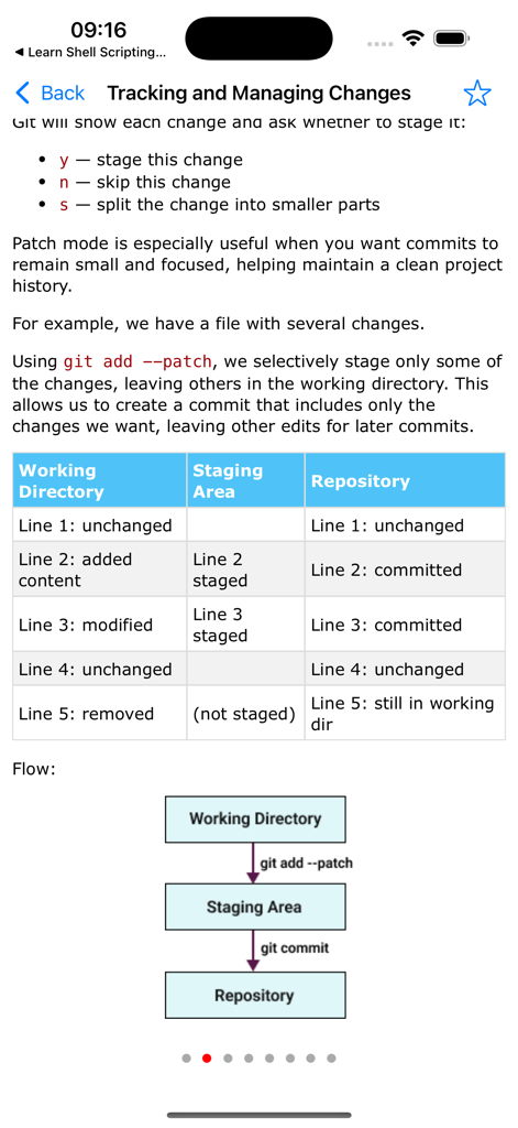 Educational tutorial screen explaining Git patch mode with a table comparing working directory and repository changes and a workflow diagram.