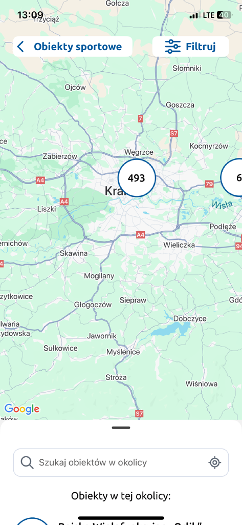 Map view within the mKrakow app showing the locations of sports facilities across the Krakow region.