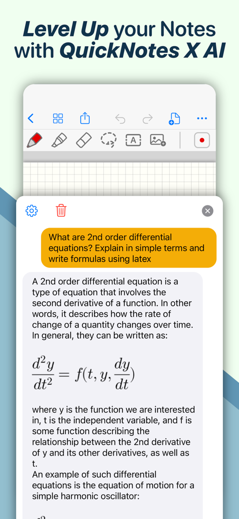 QuickNotes X AI assistant explaining a second order differential equation with a LaTeX formula in a chat interface.