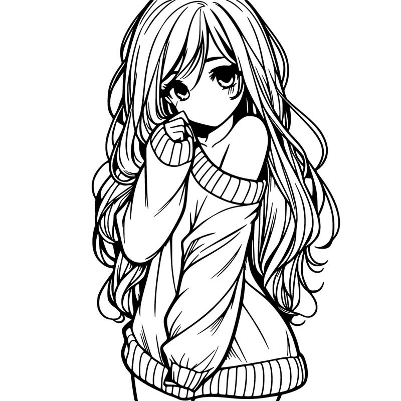 shy pretty girl wearing a sweater that is falling off one shoulder portrait with long hair