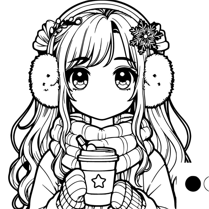 realistic girl wearing earmuffs and holding a coffee cup that has a star on it