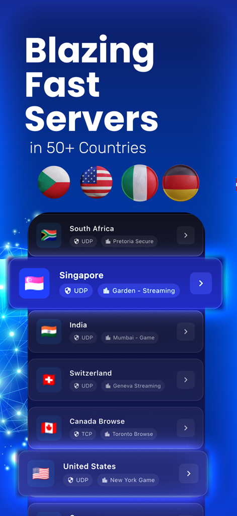 Power VPN - Fast WiFi & Proxy - Eine Liste schneller globaler Server auf Power VPN, optimiert für Gaming und Streaming in über 50 Ländern