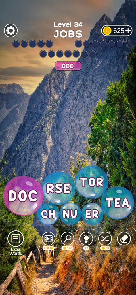 Word Bubbles - Relax Word Game - Word Bubbles Relax gameplay showing level 34 with letter bubbles over a scenic mountain background