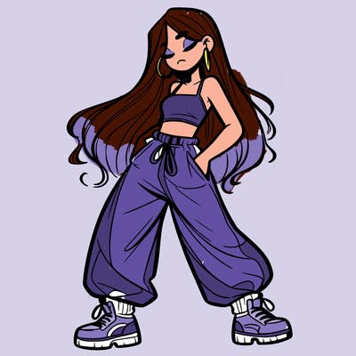 girl in baggy pants crop top and long hair