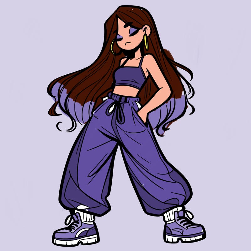 girl in baggy pants crop top and long hair