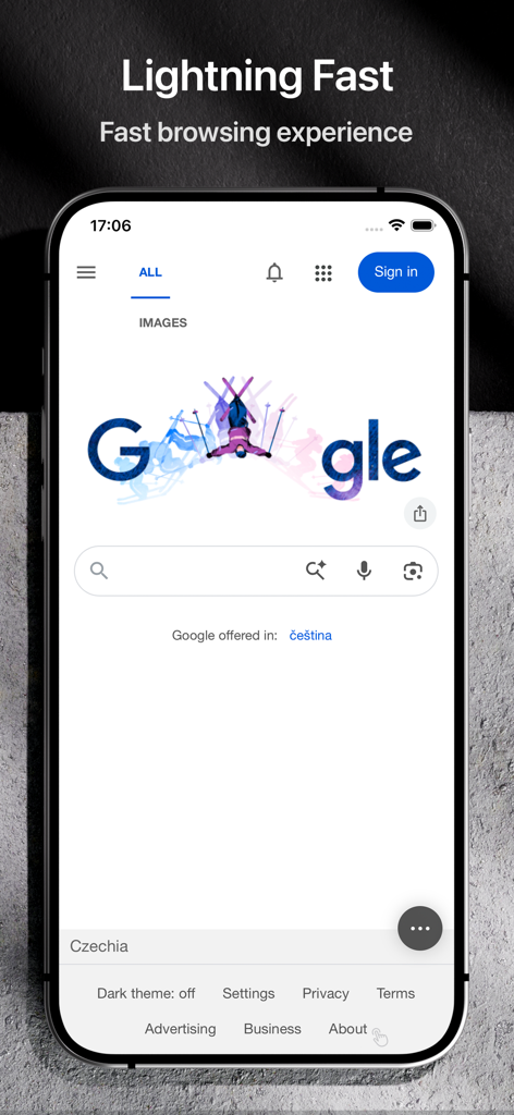 LingoLite: AdBlock Web Browser - Um smartphone exibindo a interface do navegador LingoLite com uma página de pesquisa do Google e um título de navegação ultrarrápida