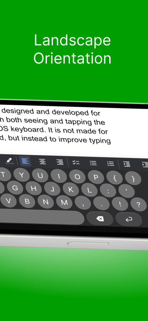 Typster app showing large key keyboard in landscape orientation on an iPhone