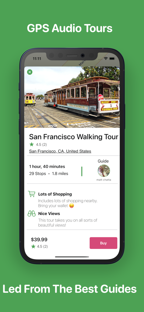 Pintours - Pintours app screen showing a San Francisco walking tour with a cable car image and tour details.