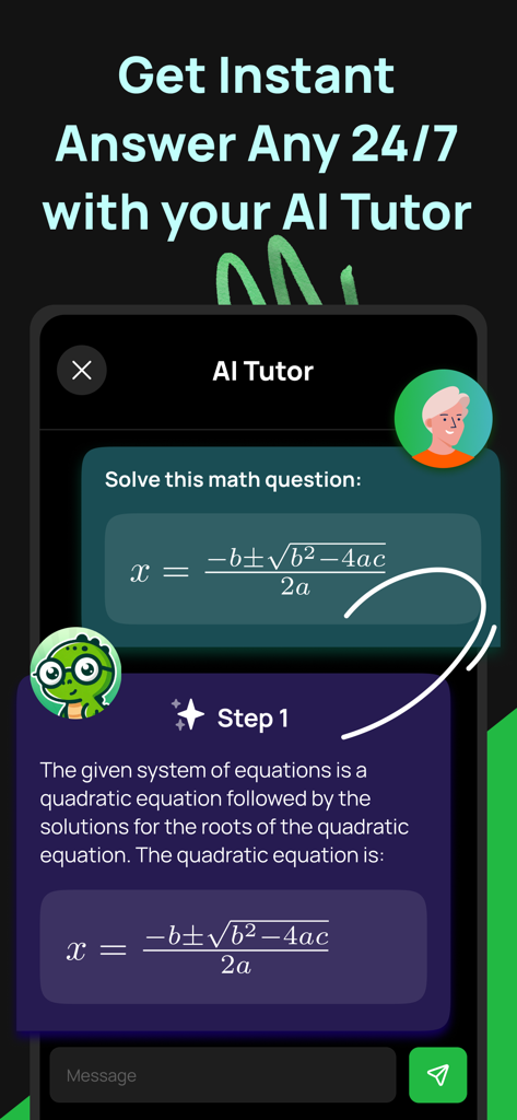 Studo: AI Homework Helper - Interfaz de Studo AI Tutor mostrando la solución paso a paso de una ecuación cuadrática