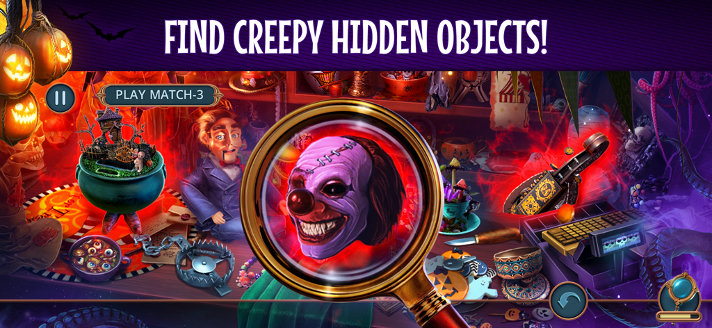 A hidden object puzzle scene in Gloomy Tales Halloween showing a magnifying glass over a creepy clown mask.