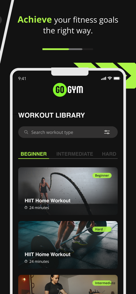 GoGym mobile app workout library screen displaying HIIT training sessions for different levels