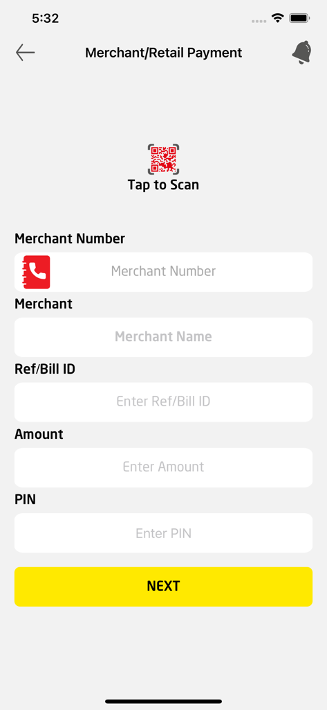 OK Wallet App-Bildschirm für Händler- und Einzelhandelszahlungen mit einem QR-Code-Scanner und Zahlungsfeldern