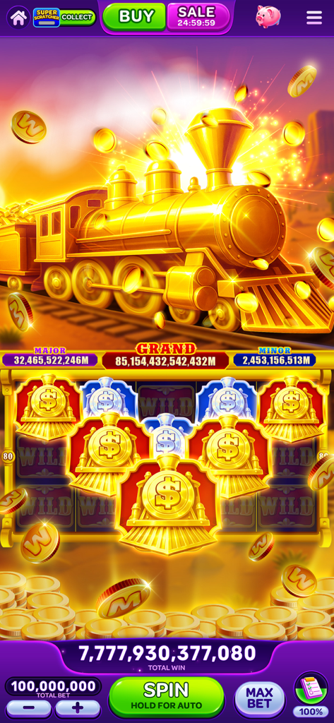 WOW Slots: Online Casino Games - A golden train emitting coins on a slot machine interface with a massive jackpot win display