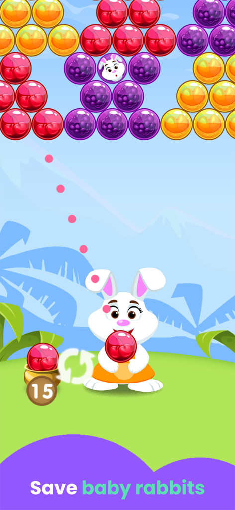 A white rabbit aiming a bubble to rescue a baby bunny in a colorful bubble shooter game