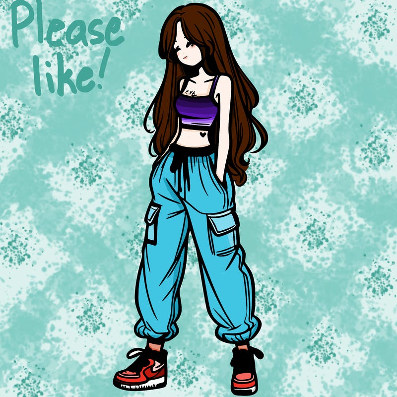 girl in baggy pants crop top and long hair