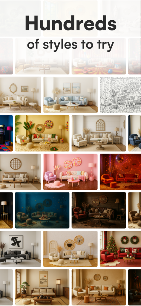 Roomly AI - Interior Design - A collage showcasing hundreds of diverse interior design styles and themes generated by Roomly AI