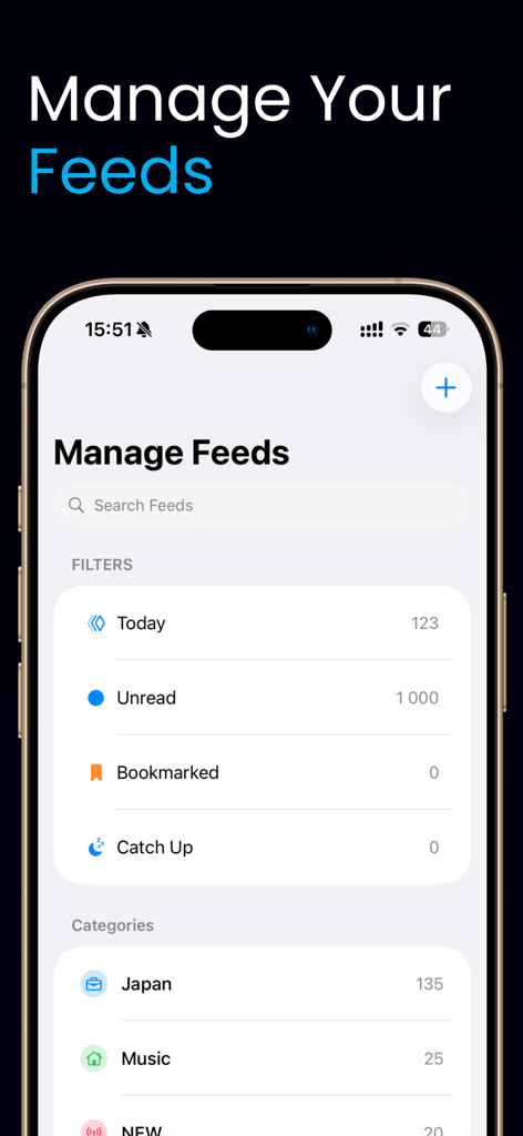Simplio RSS Reader interface showing the Manage Feeds screen with news categories and unread article counts