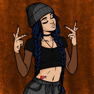 realistic teenage girl with braids and a beanie and crop top doing 🫶🏼