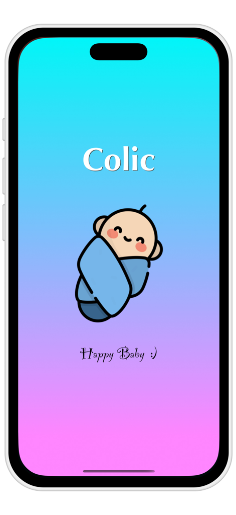 Colic: Sleep Sounds & Musics - Colic app splash screen featuring a cute swaddled baby illustration on a blue and pink gradient background