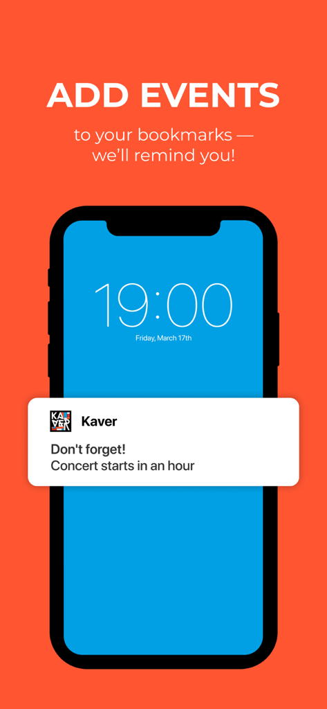 Kaver: Events, Places, Tickets - Smartphone lock screen showing a Kaver app notification for an upcoming concert reminder