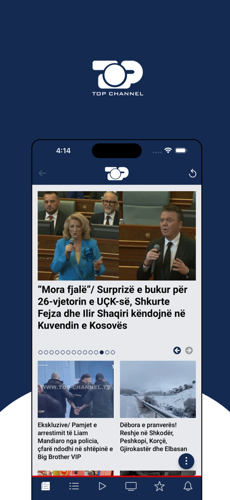 Top Channel - Feed di notizie dell'app mobile Top Channel che mostra articoli in albanese sull'Assemblea del Kosovo e notizie locali.