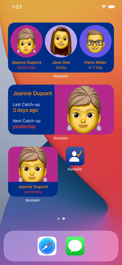 iOS-Startbildschirm mit verschiedenen Kontaktr-Widgets zur Verfolgung von Kontakt-Treffen und Erinnerungen
