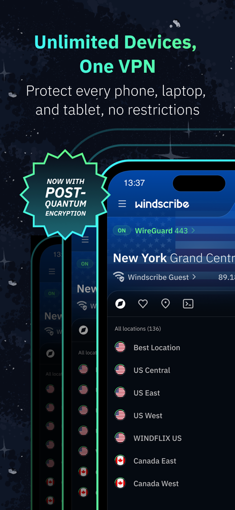 無制限のデバイス保護と耐量子暗号化機能を紹介するWindscribe VPNアプリのインターフェース