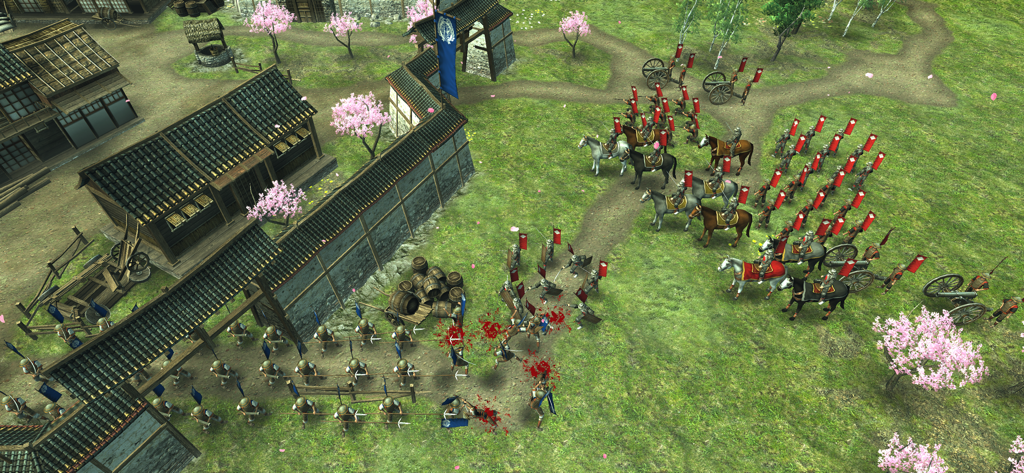 Shogun's Empire: Hex Commander - Samurai and cavalry units engaged in tactical combat in a medieval Japanese village during the Sengoku period