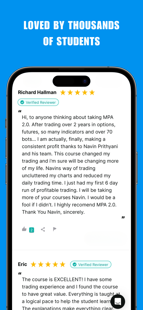Urban Forex - Screenshot of the Urban Forex app displaying positive student testimonials and five star reviews