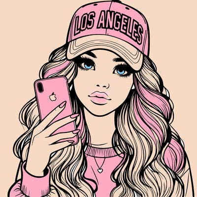 realistic beautiful girl wearing los ángeles cap holding an iphone