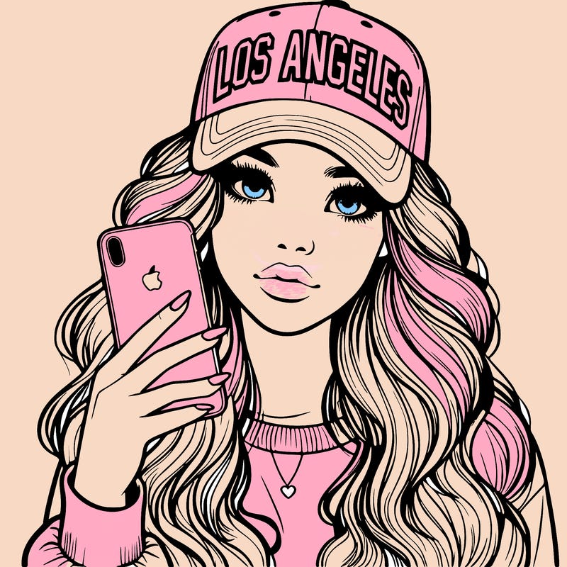 realistic beautiful girl wearing los ángeles cap holding an iphone